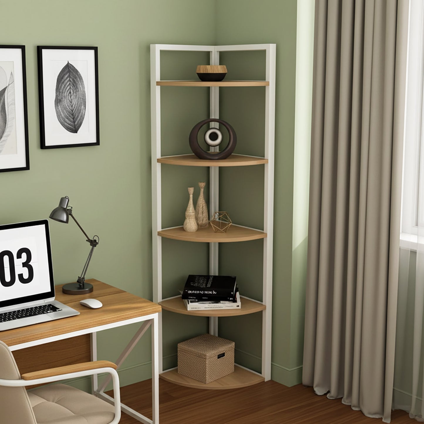 Optima 5 Tier Wood & Steel Corner Shelf Organizer Unit (Rustic Oak & White)