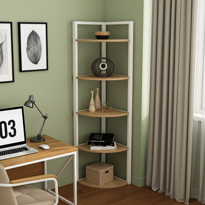 Optima 5 Tier Wood & Steel Corner Shelf Organizer Unit (Rustic Oak & White)