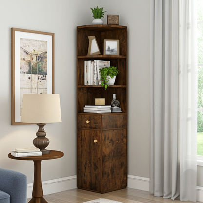 Vision Stylish Rustic Wooden Corner Shelf Unit with Cabinet & Drawer