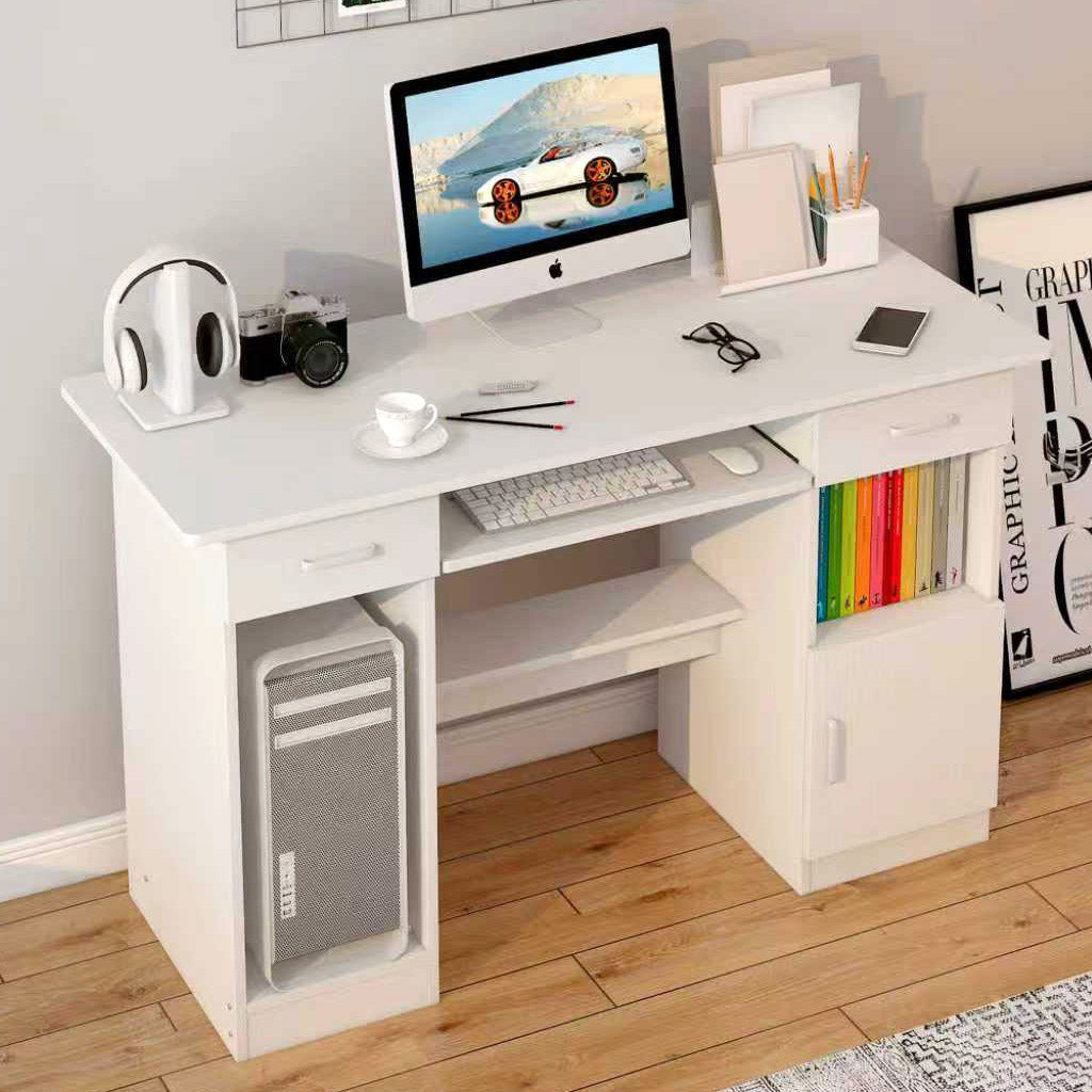 Executive Office Computer Desk with Drawers, Cabinet, Shelves (White)