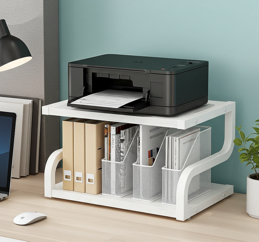 Deluxe Rustic Oak Desktop Shelf Wood & Steel Printer Stand Storage Rack Organizer (White)