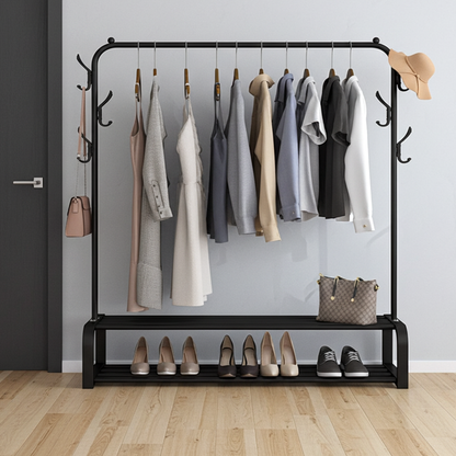 Large 2-Tier Coat Hanging Stand Wardrobe Clothes Hanger Rack with Shelf (Black)
