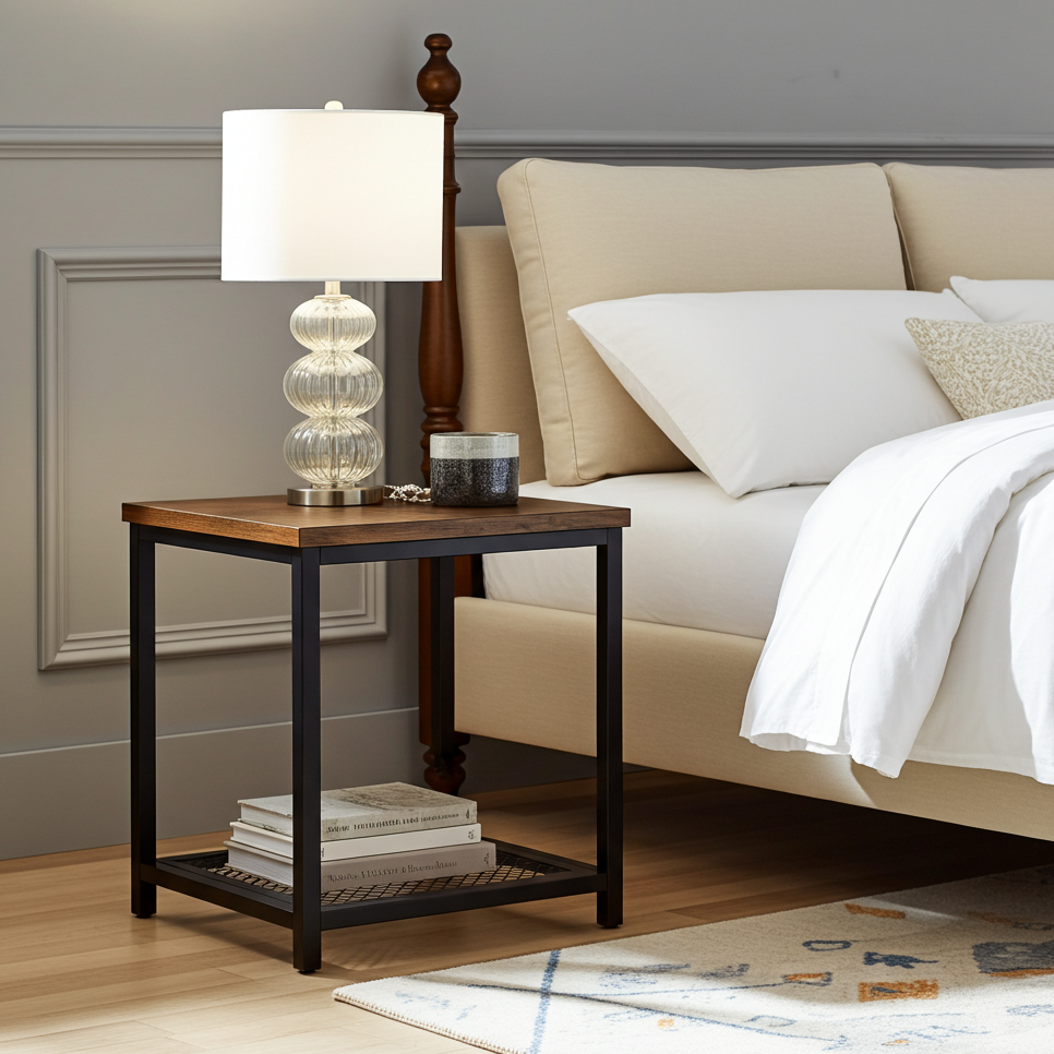 Loft Rustic Industrial Wood & Steel Side Table with Storage Shelf