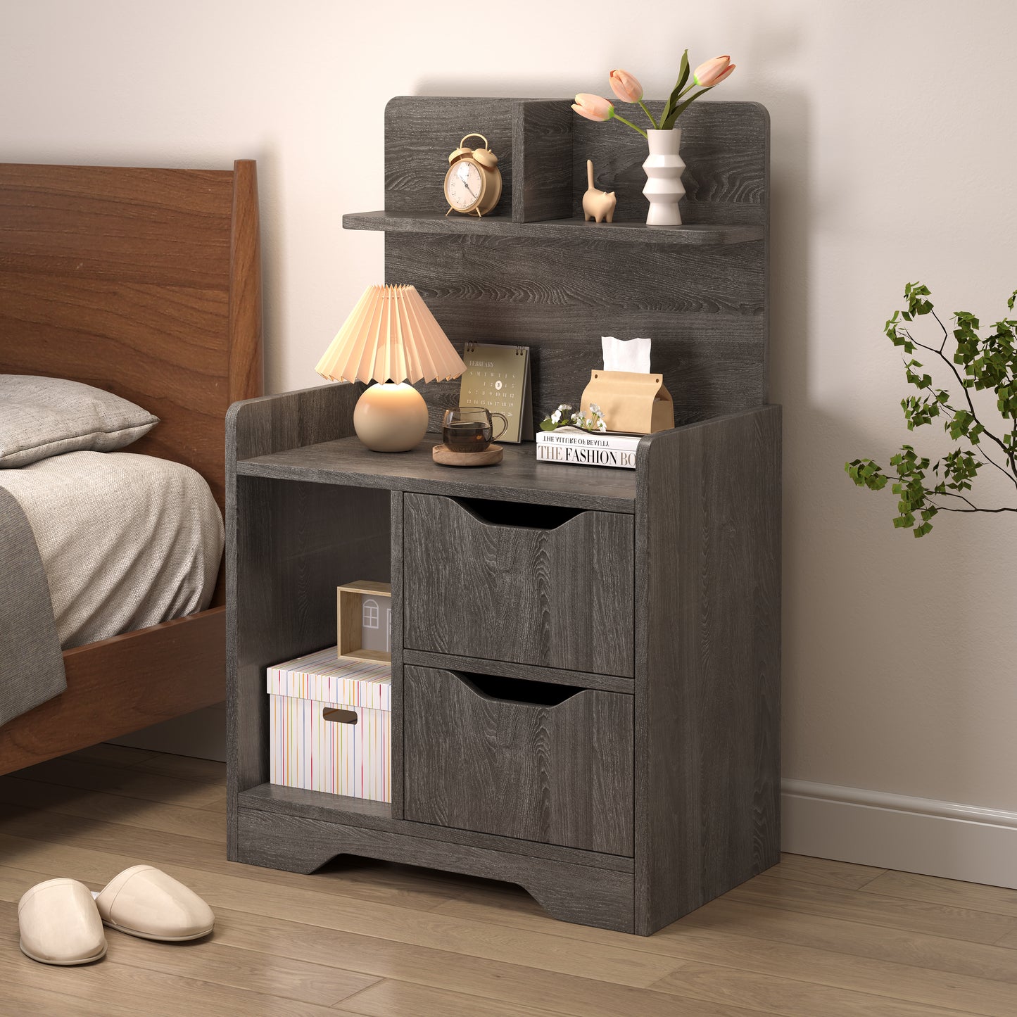 Harmony Tall Bed Side Table with Chest of Drawers and Shelf (Driftwood Grey)