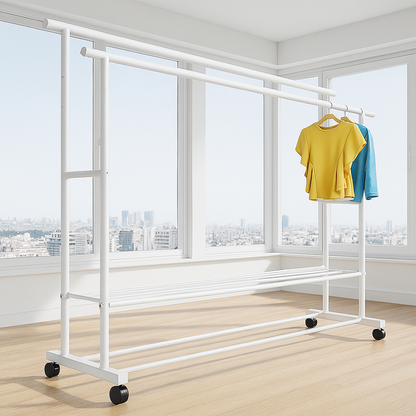 Large 1.5m Wide Double 2-Tier Coat Hanging Stand Wardrobe Clothes Hanger Rack (White)