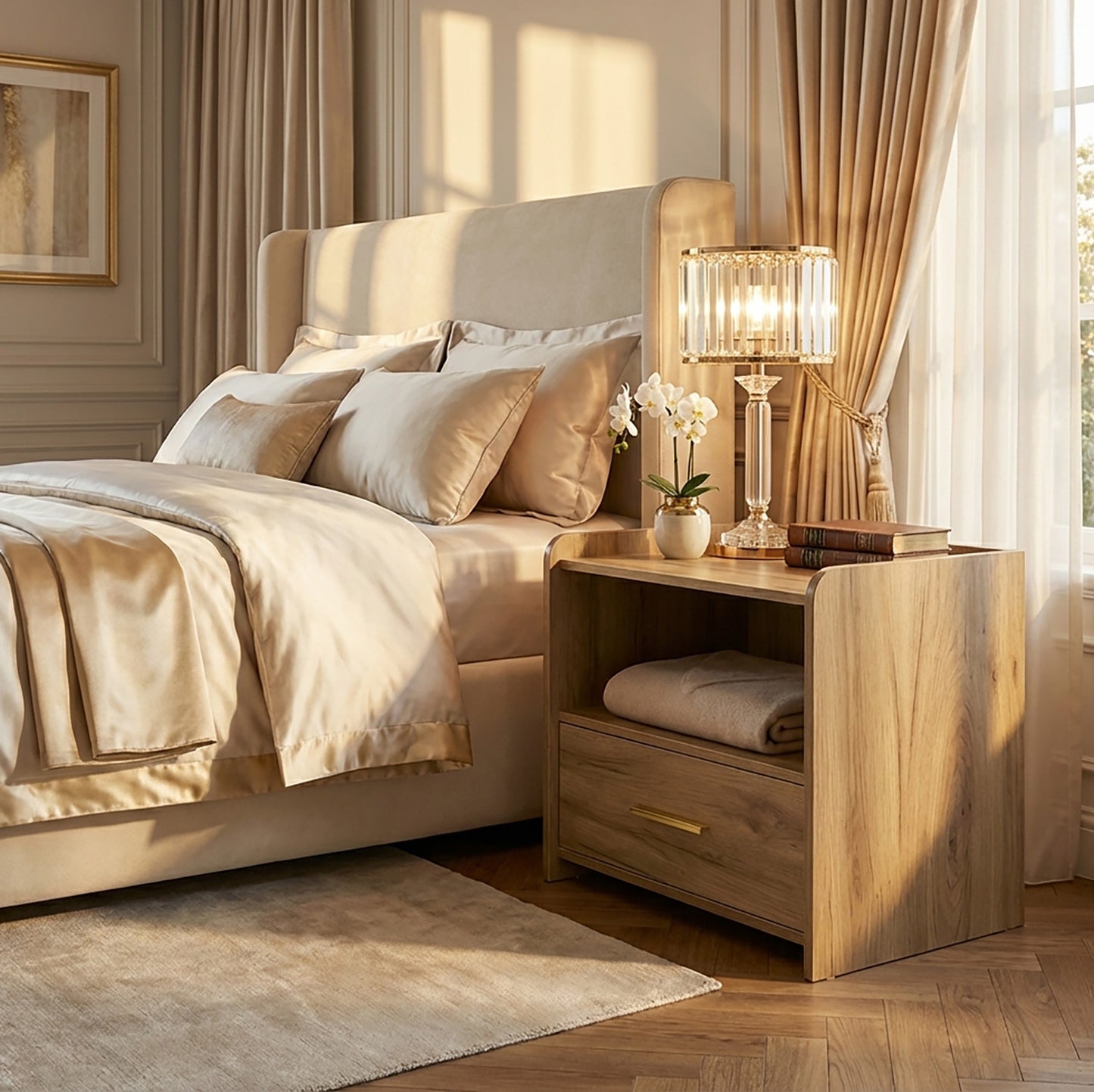 Serene Bedside Table Nightstand with Drawer (Rustic Oak)