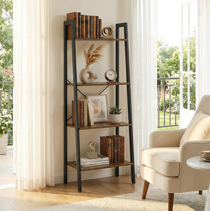 Elevate Rustic Wood & Metal 4-Tier Ladder Shelf Bookcase Storage Organizer