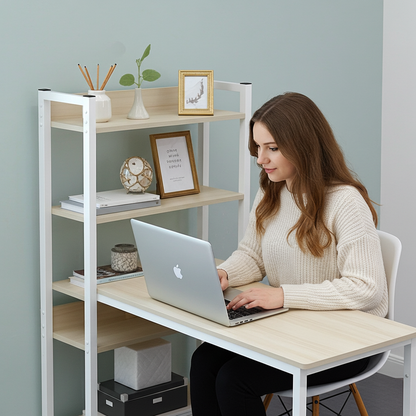 Genius Large Workstation Wood & Steel Computer Desk with Storage Shelves (White Oak)