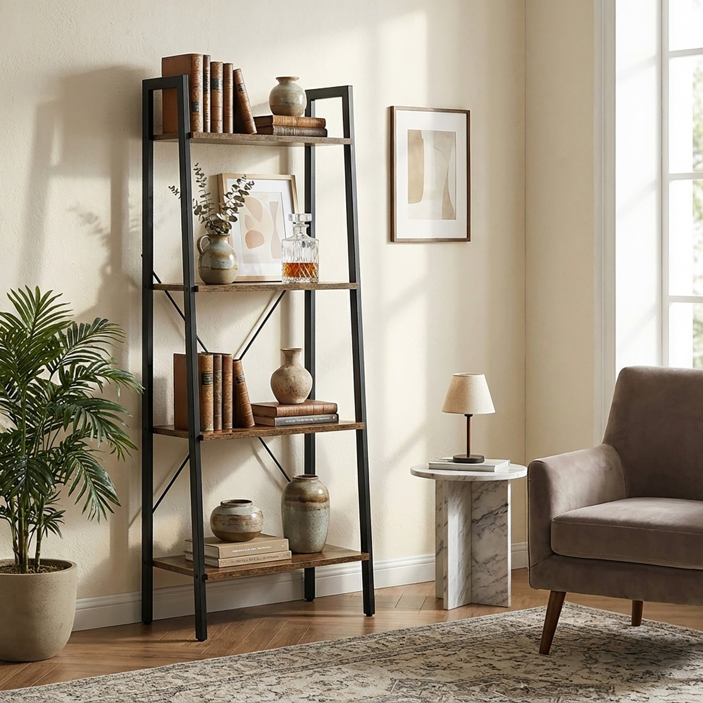 Elevate Rustic Wood & Metal 4-Tier Ladder Shelf Bookcase Storage Organizer
