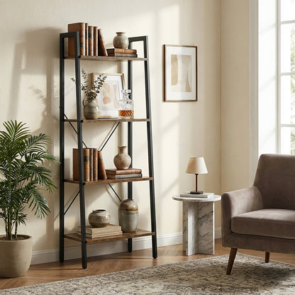 Elevate Rustic Wood & Metal 4-Tier Ladder Shelf Bookcase Storage Organizer