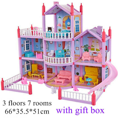 3-level Large Dreamhouse Mansion Doll House Princess Villa Toy Set with Dolls & Furnitur