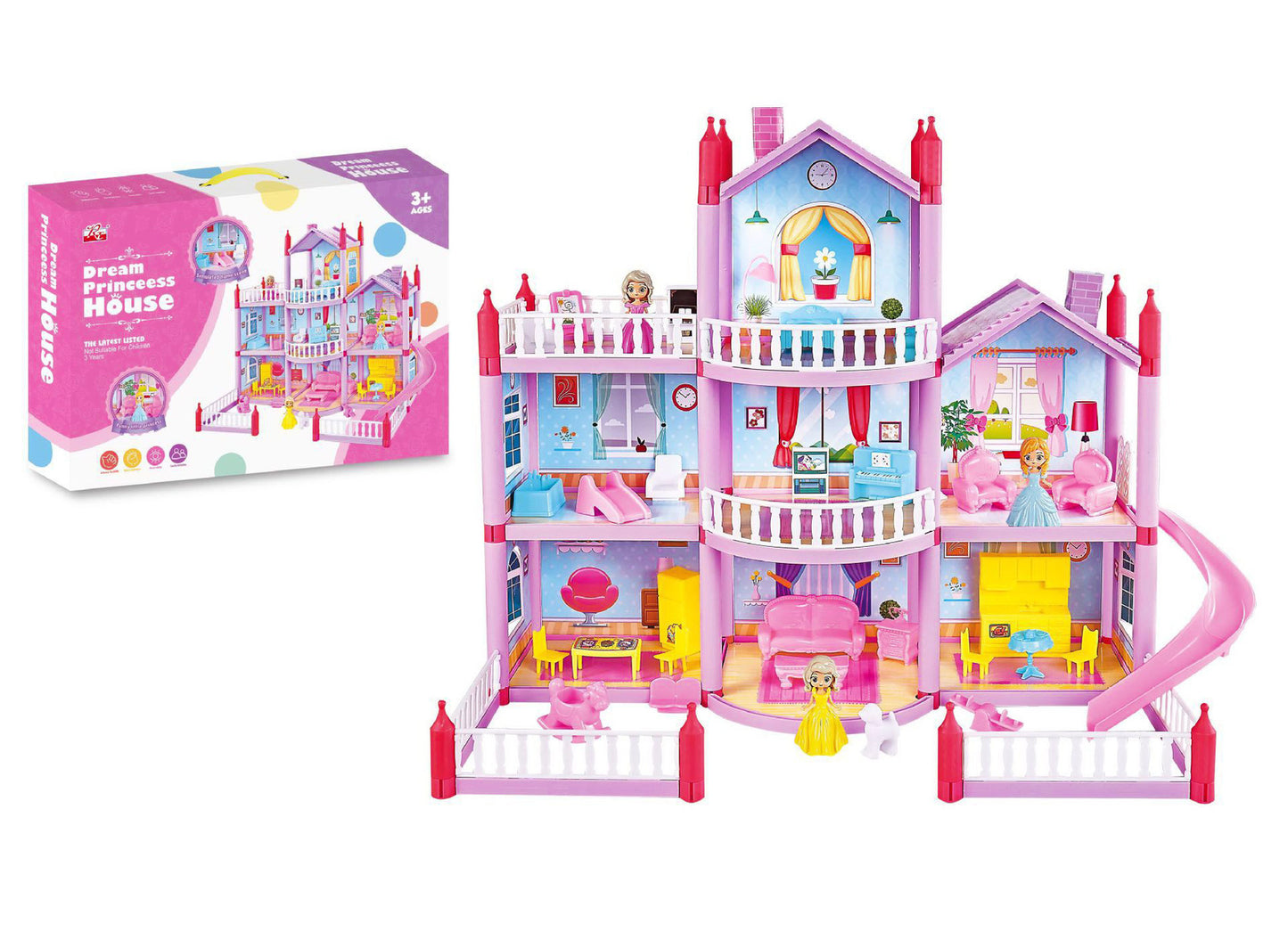 3-level Large Dreamhouse Mansion Doll House Princess Villa Toy Set with Dolls & Furnitur