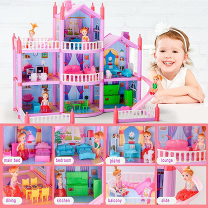 3-level Large Dreamhouse Mansion Doll House Princess Villa Toy Set with Dolls & Furnitur