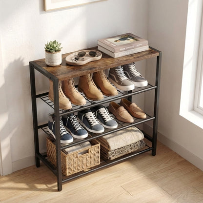 Vita 4-Tier Rustic Wood & Metal Shoe Rack Storage Shelf Organiser