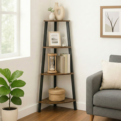 4-Tier Corner Ladder Shelf Unit Rustic Wood & Steel Display Stand Storage Rack