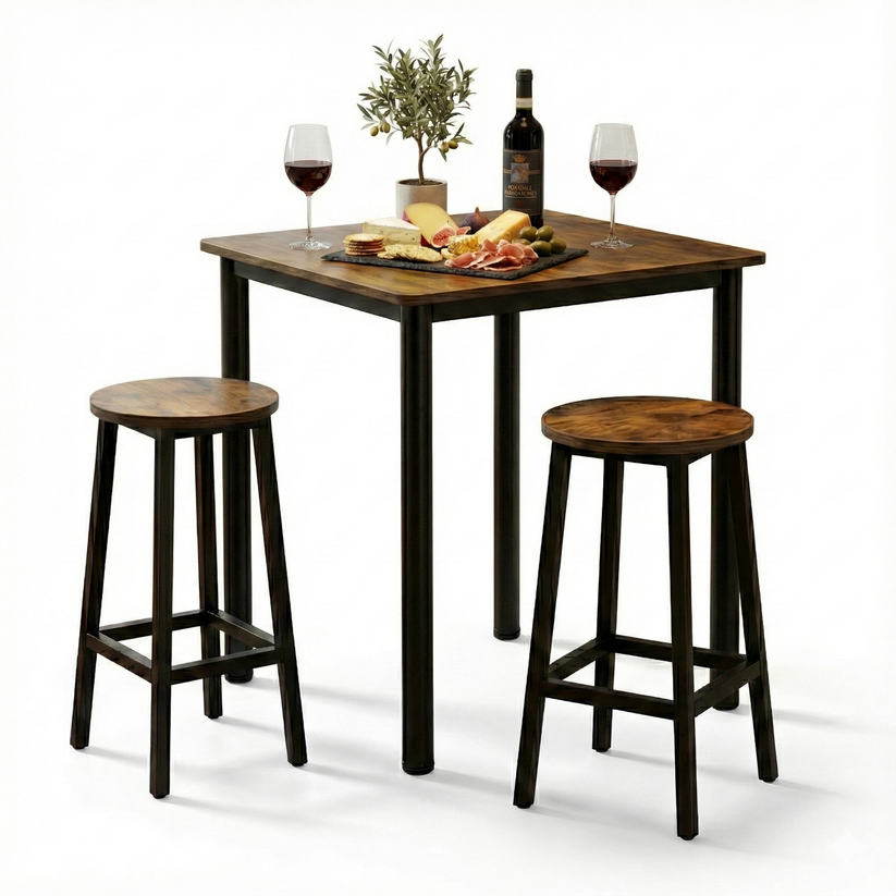 3 Piece Forge Premium Rustic Industrial Wood & Steel Bar Table and Sto