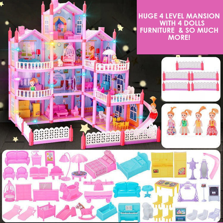 4-level Large Dreamhouse Mansion Doll House Princess Villa Toy Set with Dolls & Furniture