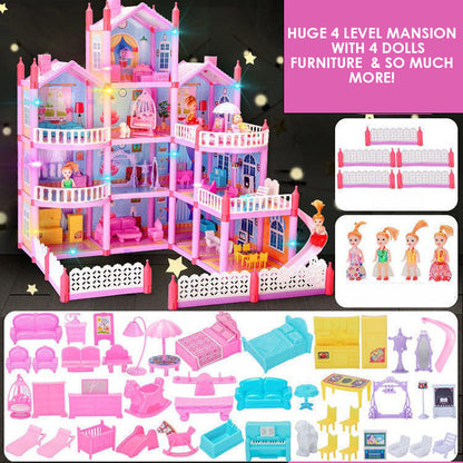 4-level Large Dreamhouse Mansion Doll House Princess Villa Toy Set with Dolls & Furniture