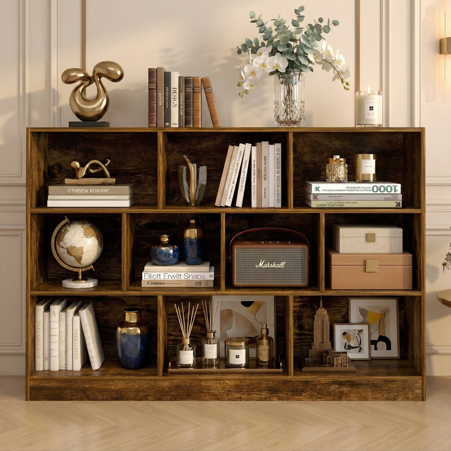 9 Shelving Insight Bookshelf Display Cabinet Bookcase Shelf Organiser (Rustic Wood)