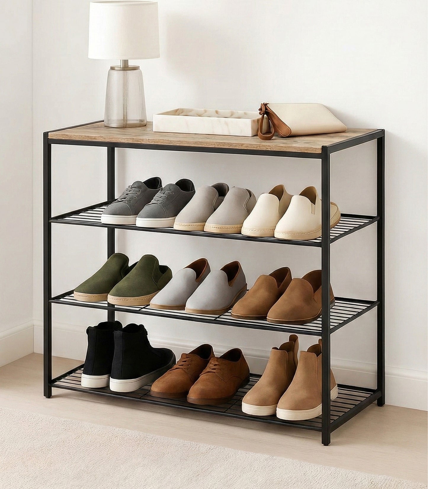 Vita 4-Tier Wood & Metal Shoe Rack Storage Shelf Organiser (Rustic Oak)