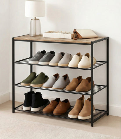 Vita 4-Tier Wood & Metal Shoe Rack Storage Shelf Organiser (Rustic Oak)