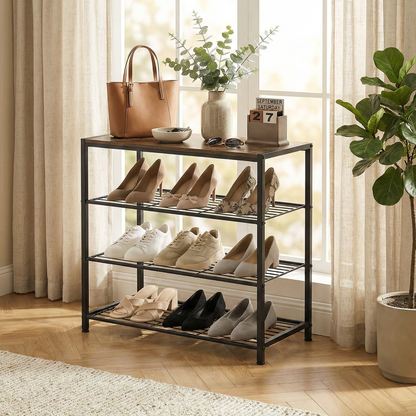Vita 4-Tier Rustic Wood & Metal Shoe Rack Storage Shelf Organiser