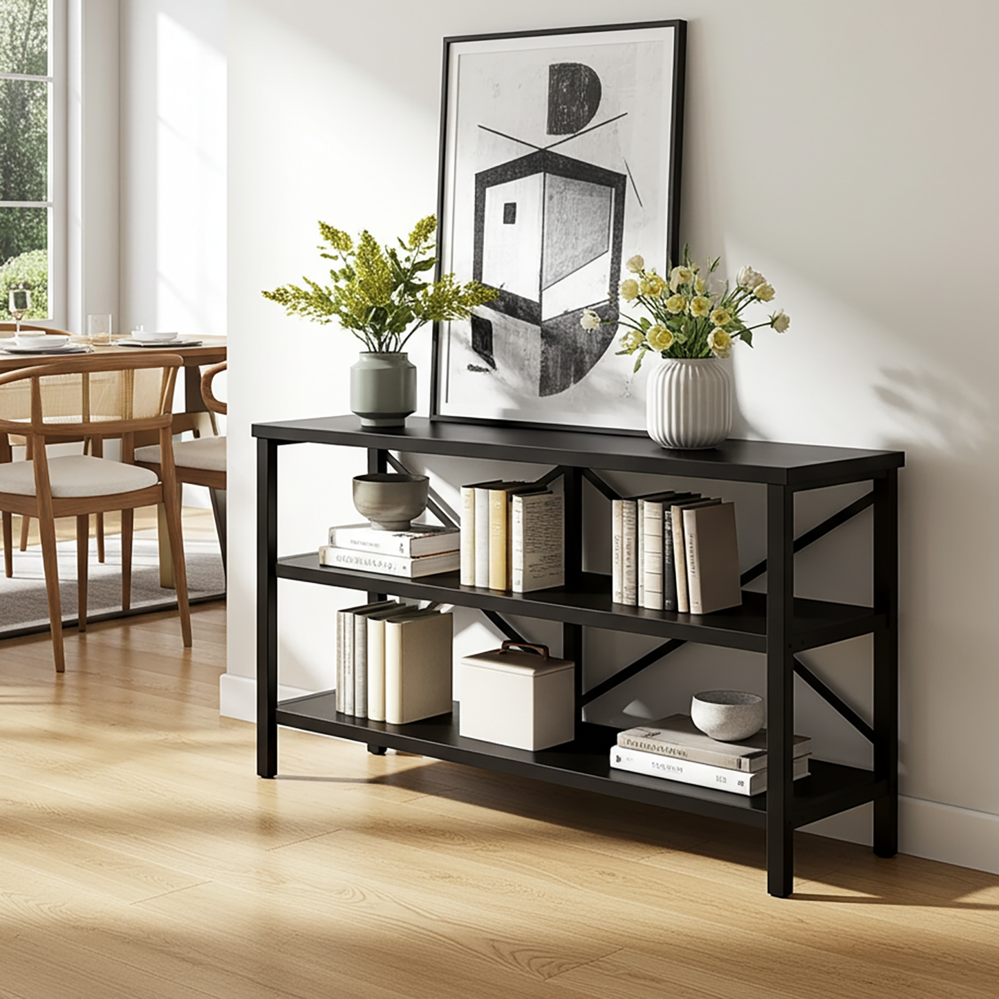 Serenity Industrial Console Table Bookcase TV Stand Storage Shelf Unit (Black)