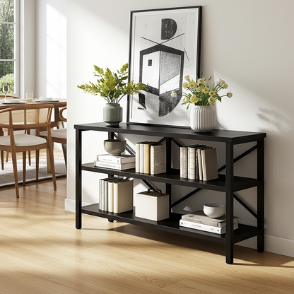 Serenity Industrial Console Table Bookcase TV Stand Storage Shelf Unit (Black)