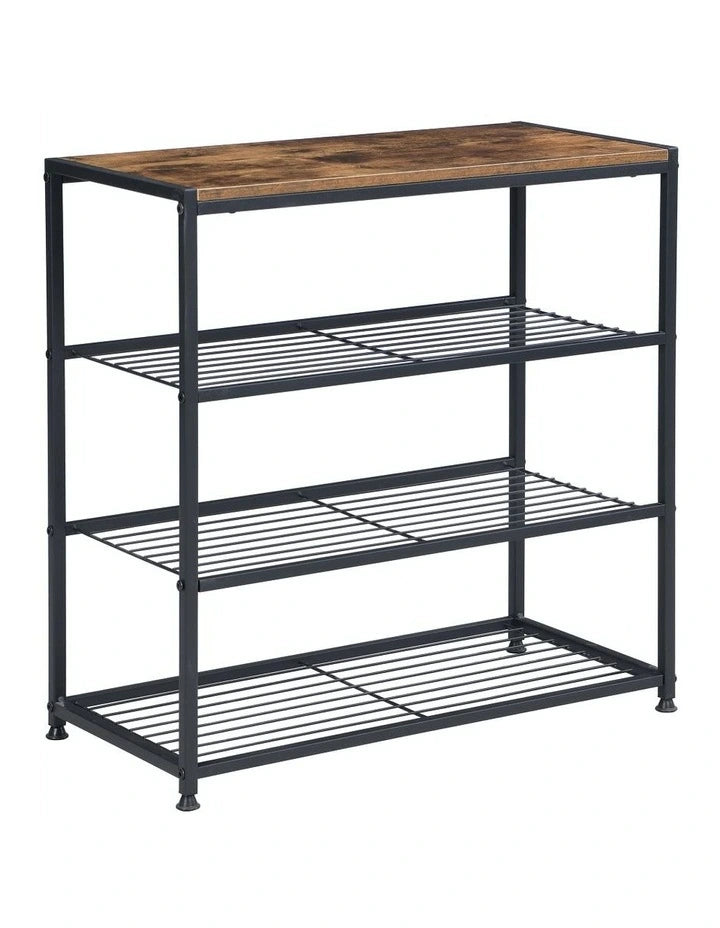 Vita 4-Tier Rustic Wood & Metal Shoe Rack Storage Shelf Organiser