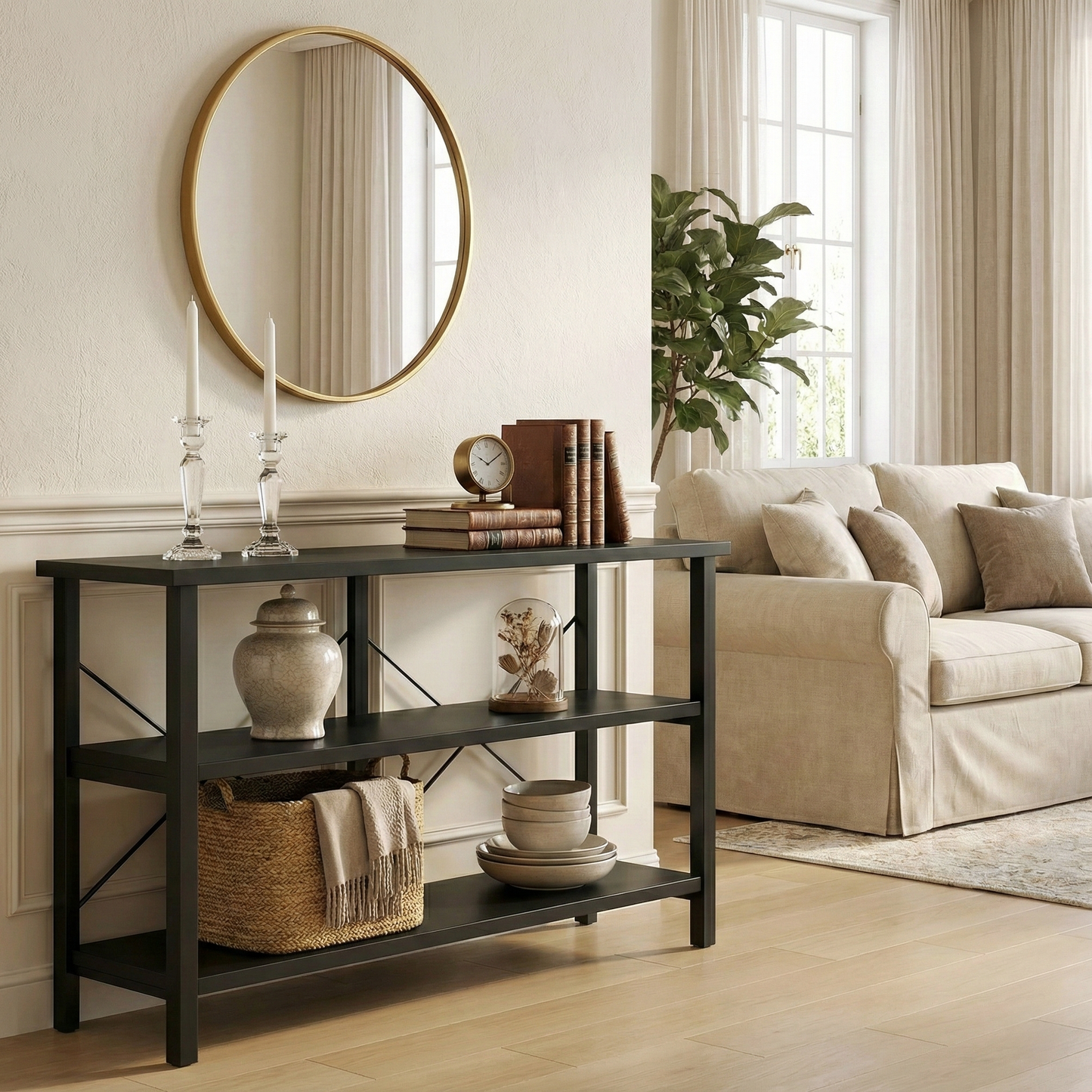 Serenity Industrial Console Table Bookcase TV Stand Storage Shelf Unit (Black)