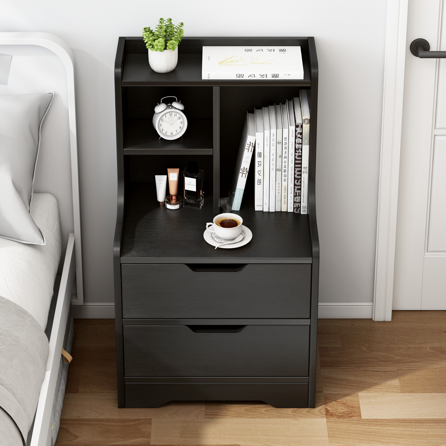 Twilight 2-Drawer Tall Bedside Table with Chest of Drawers and Shelves (Black)