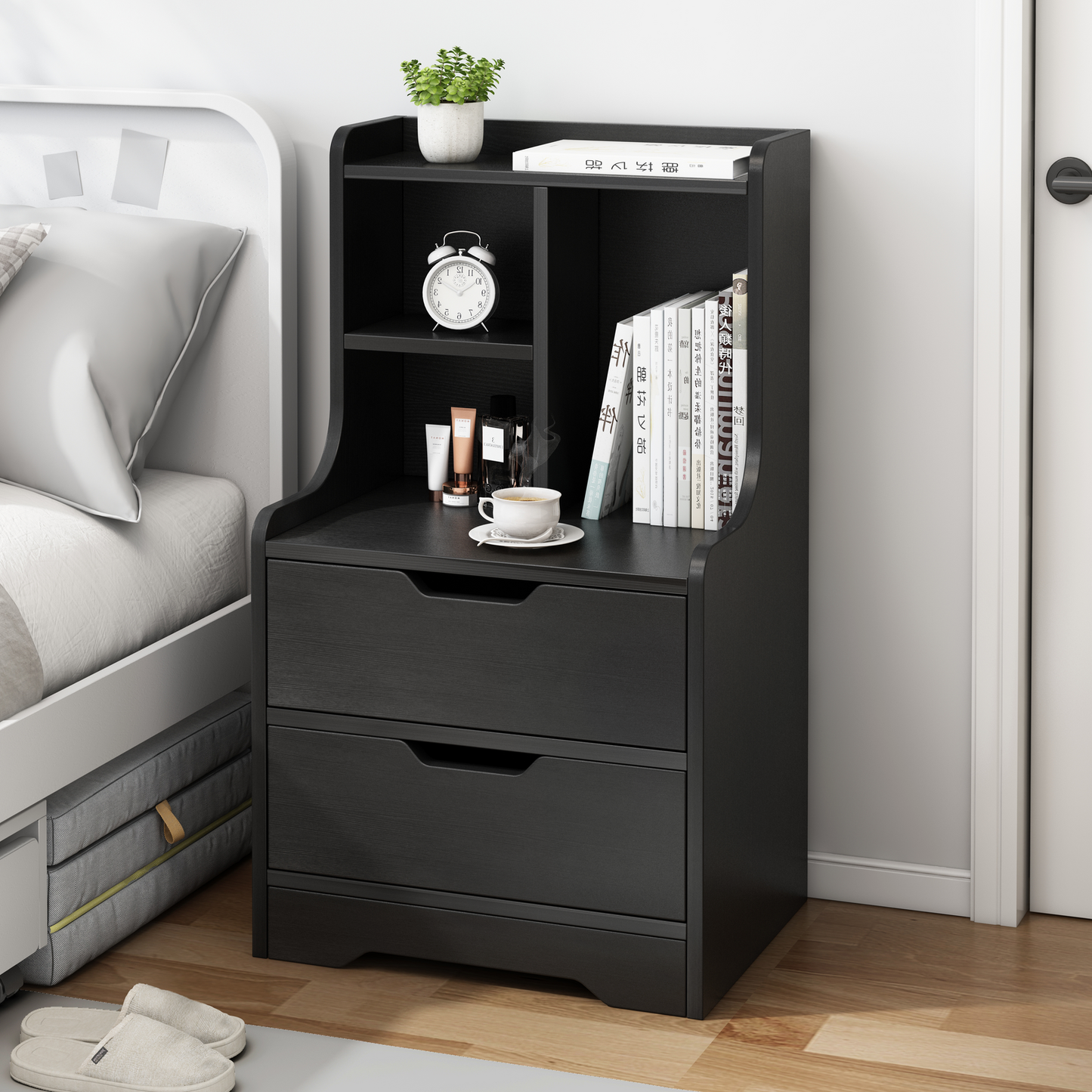 Twilight 2-Drawer Tall Bedside Table with Chest of Drawers and Shelves (Black)