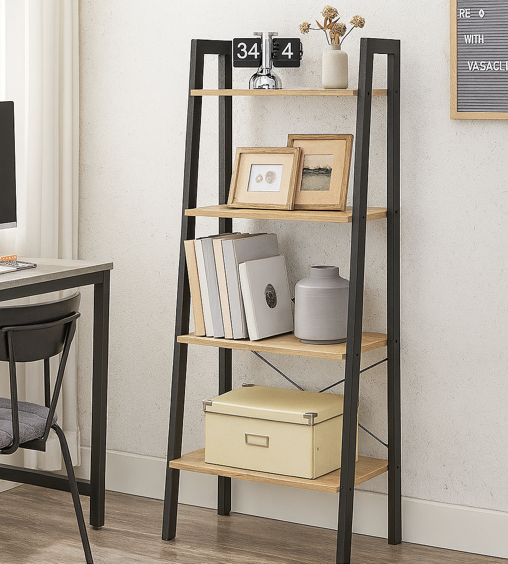 Elevate Rustic Oak 4-Tier Ladder Shelf Wood & Metal Bookcase Storage Organizer