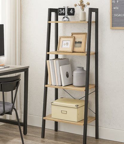 Elevate Rustic Oak 4-Tier Ladder Shelf Wood & Metal Bookcase Storage Organizer