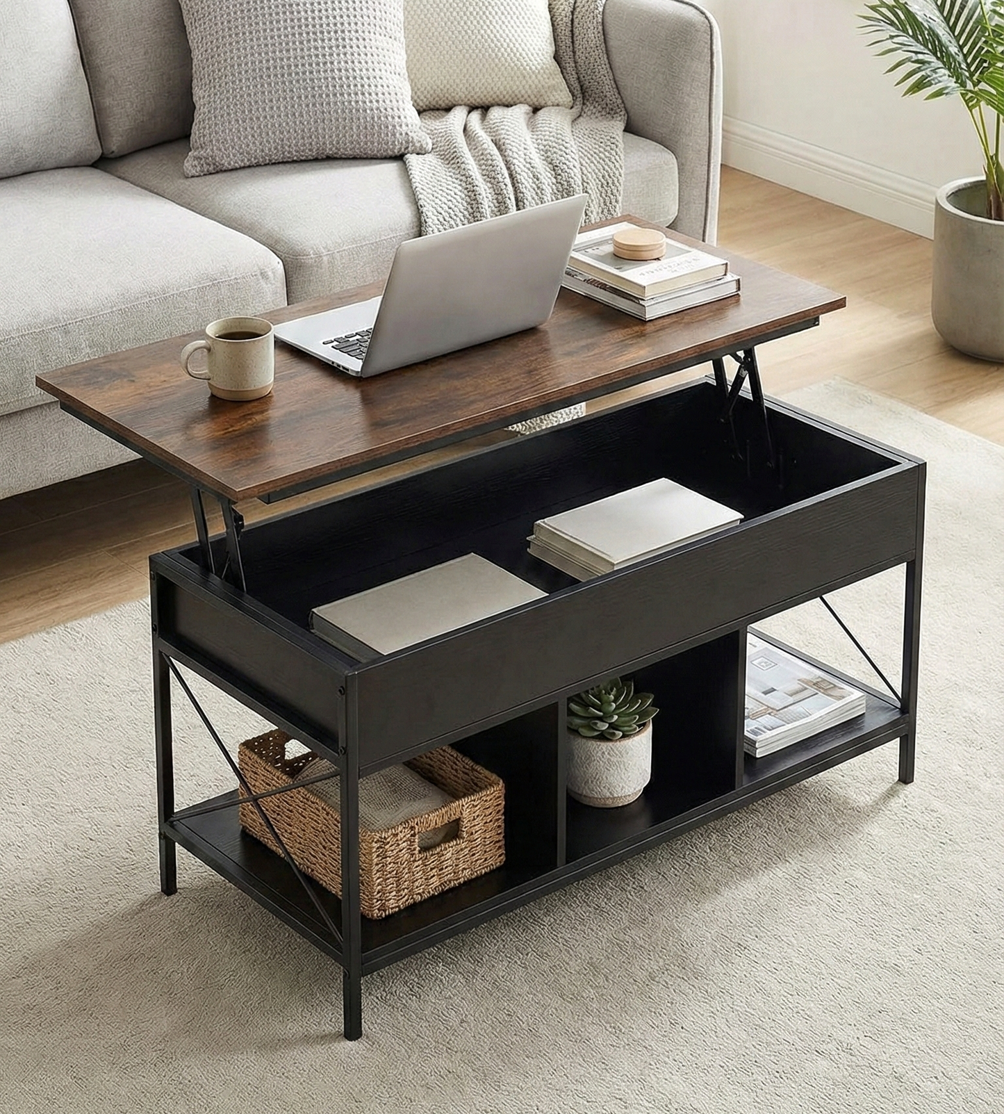 Elara Multifunction Lift Top Coffee Table with Hidden Storage Shelf Organizer