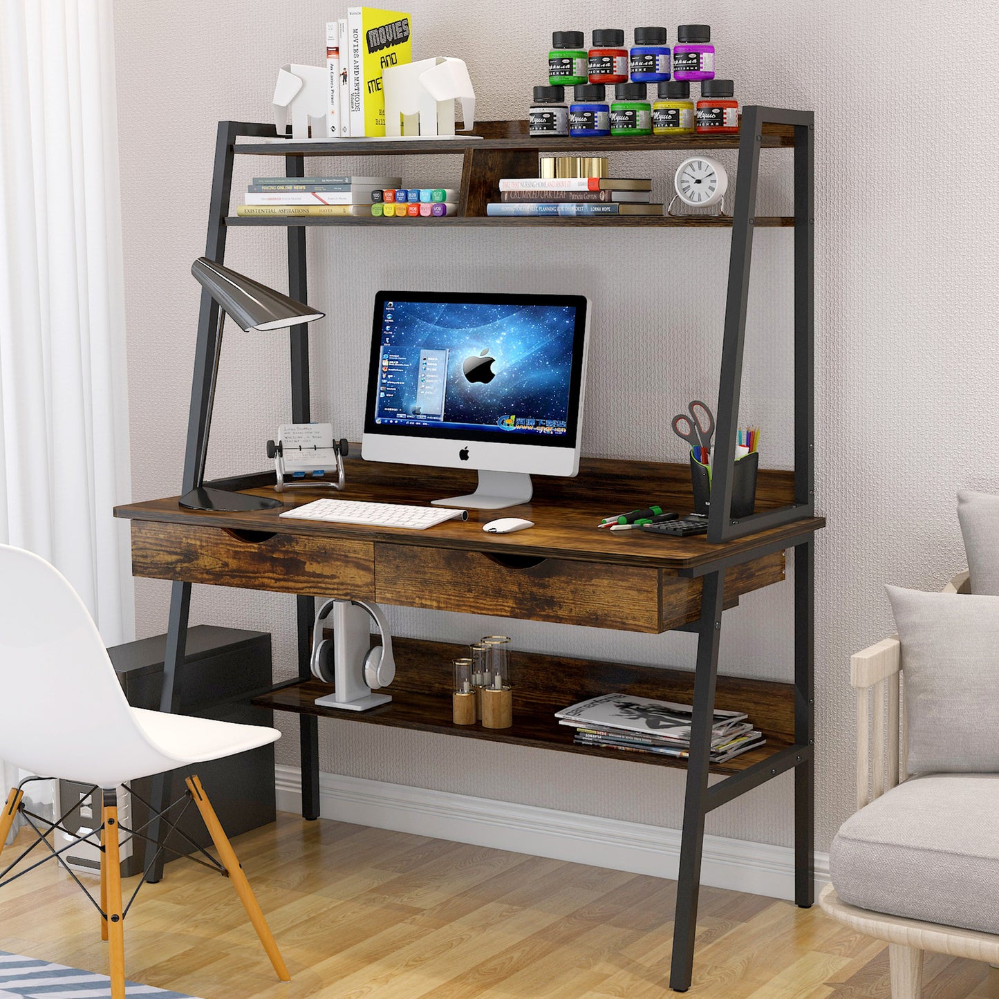 Liberty Computer Desk Workstation with Shelves & Drawers (Rustic Wood)