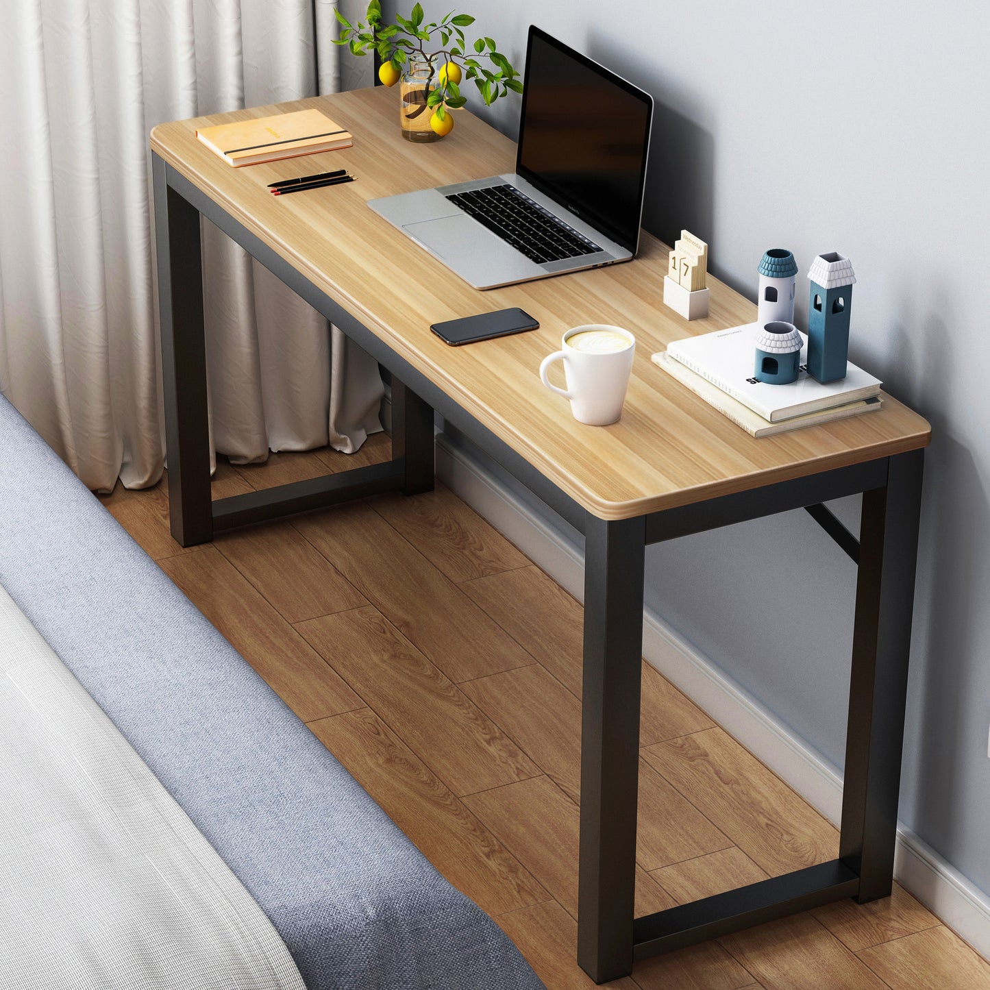 Profile Console Table Wood & Metal Narrow Desk (Oak & Black)