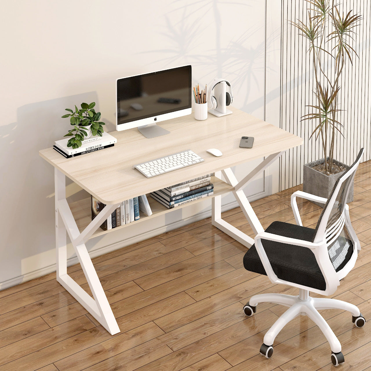 Kori Wood & Metal Computer Desk with Shelf (White Oak)