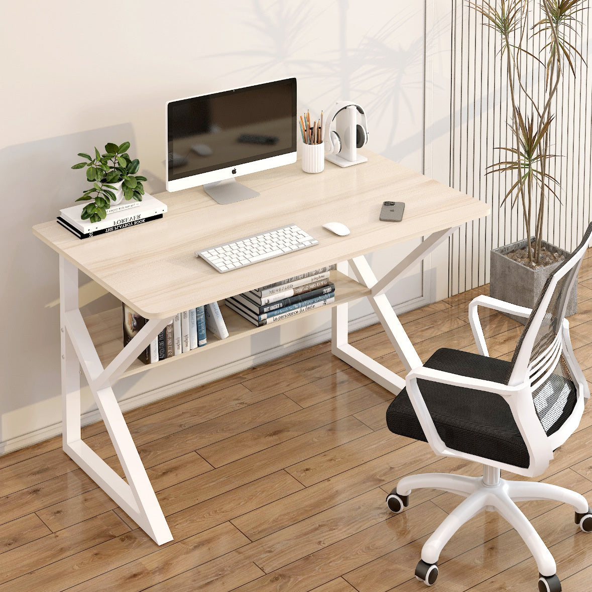 Kori Wood & Metal Computer Desk with Shelf (White Oak)