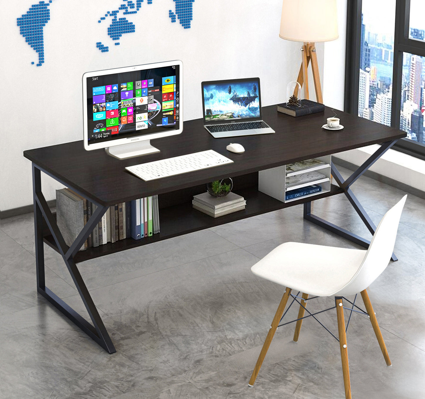 Kori Large Wood & Metal Computer Desk with Shelf (Black)