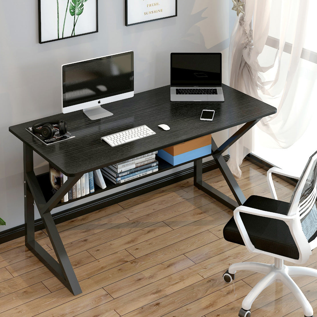 Kori Large Wood & Metal Computer Desk with Shelf (Black)