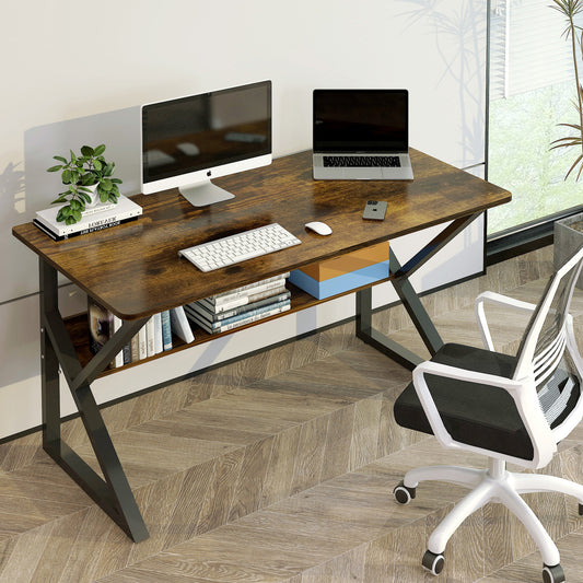 Kori Large Wood & Metal Computer Desk with Shelf (Rustic Wood)