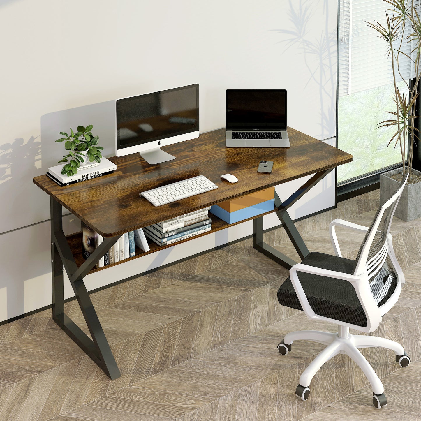 Kori Large Wood & Metal Computer Desk with Shelf (Rustic Wood)