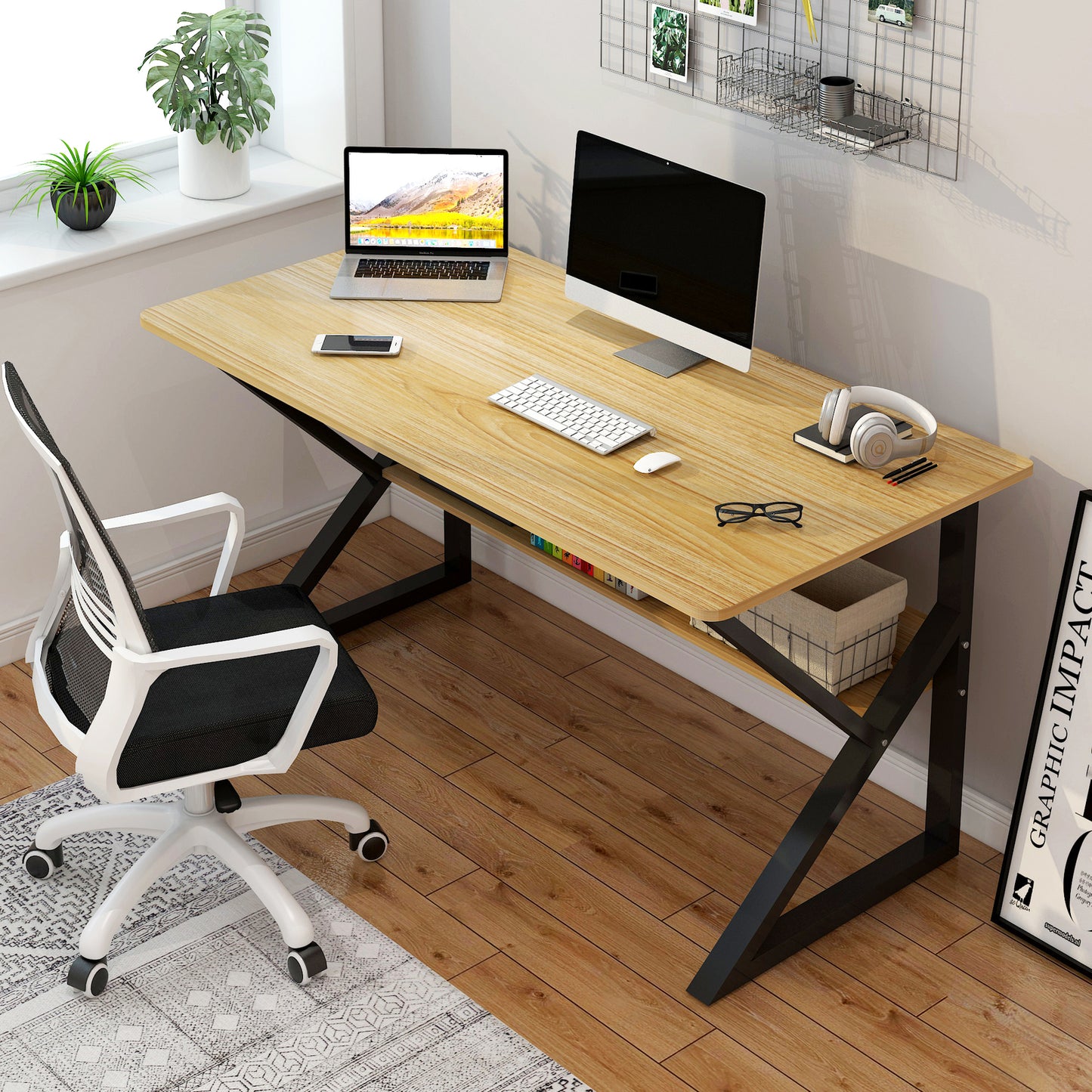 Kori Large Wood & Metal Computer Desk with Shelf (Oak)