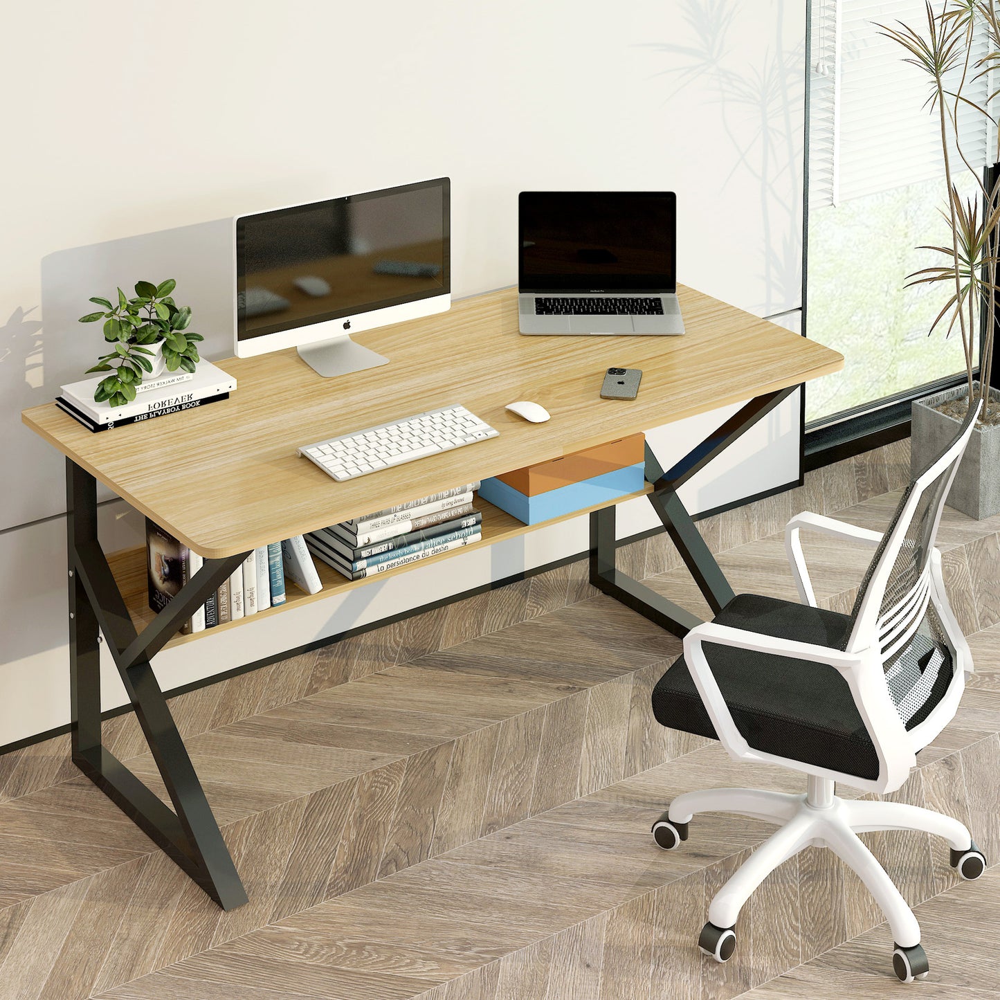 Kori Large Wood & Metal Computer Desk with Shelf (Oak)