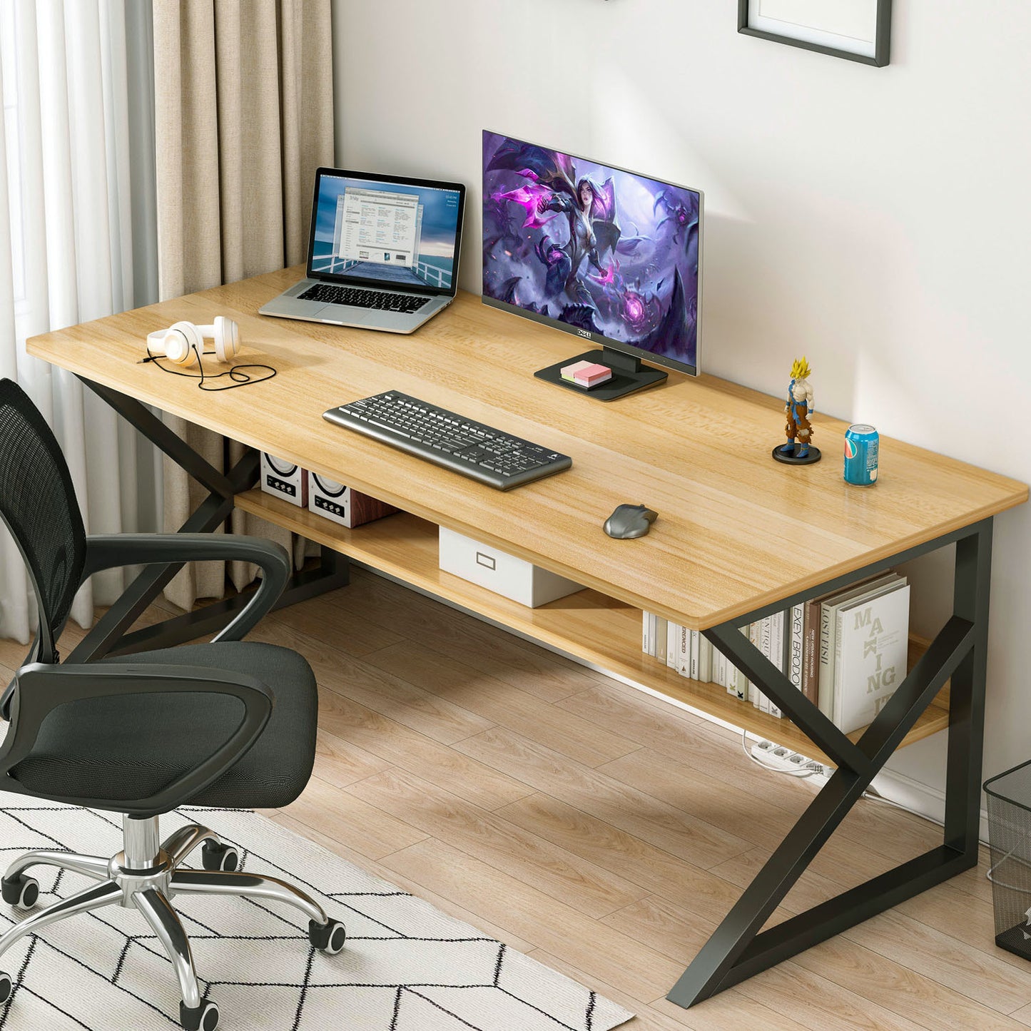 Kori Large Wood & Metal Computer Desk with Shelf (Oak)