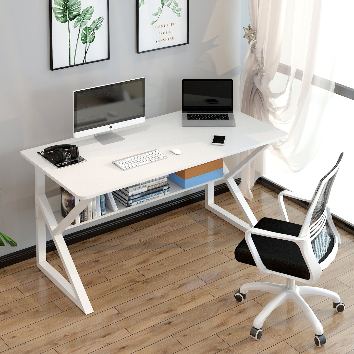 Kori Large Wood & Metal Computer Desk with Shelf (White)