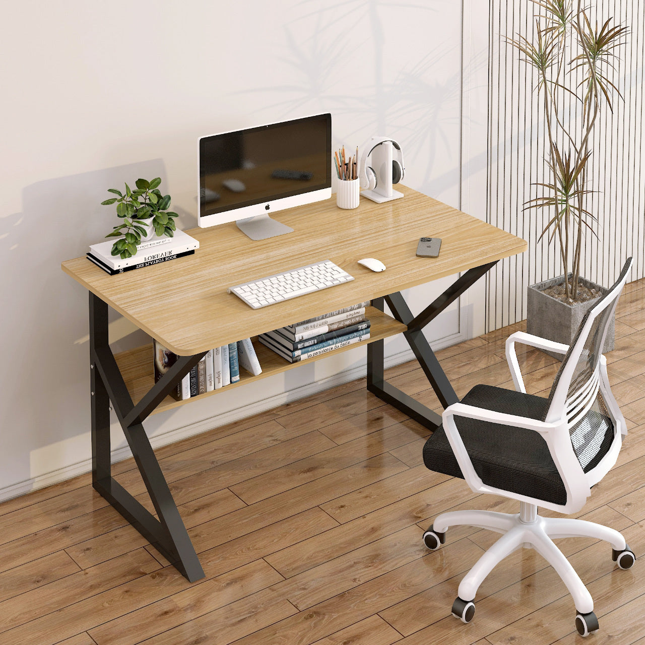 Kori Wood & Metal Computer Desk with Shelf (Oak)  - 80cm