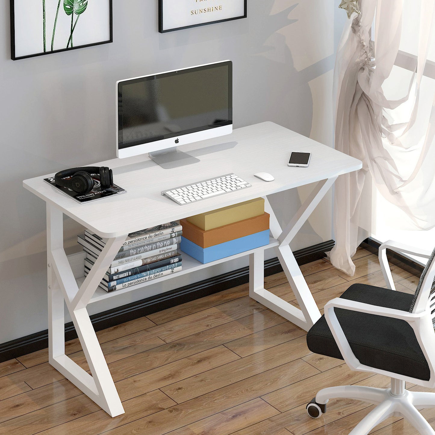 Kori Wood & Metal Computer Desk with Shelf (White) - 80cm