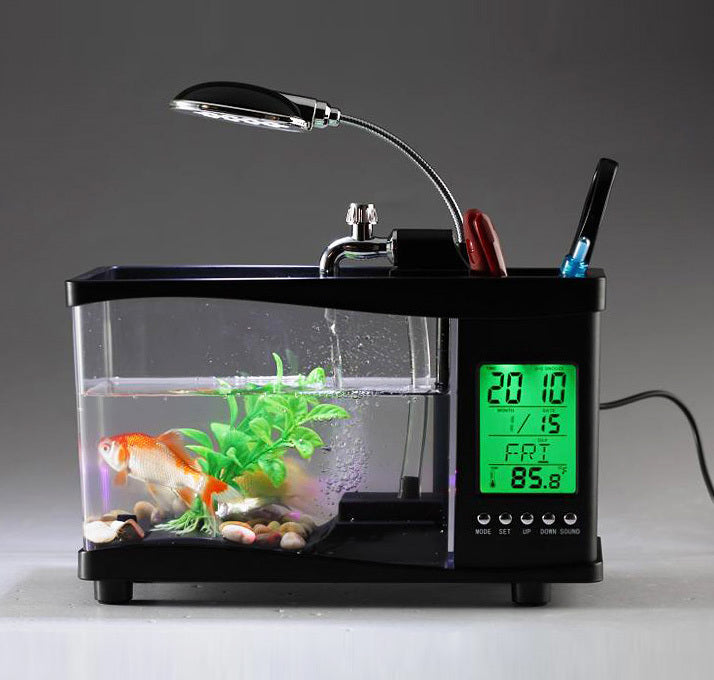 Desktop Aquarium USB Fish Tank/Alarm Clock/Lamp (Black)